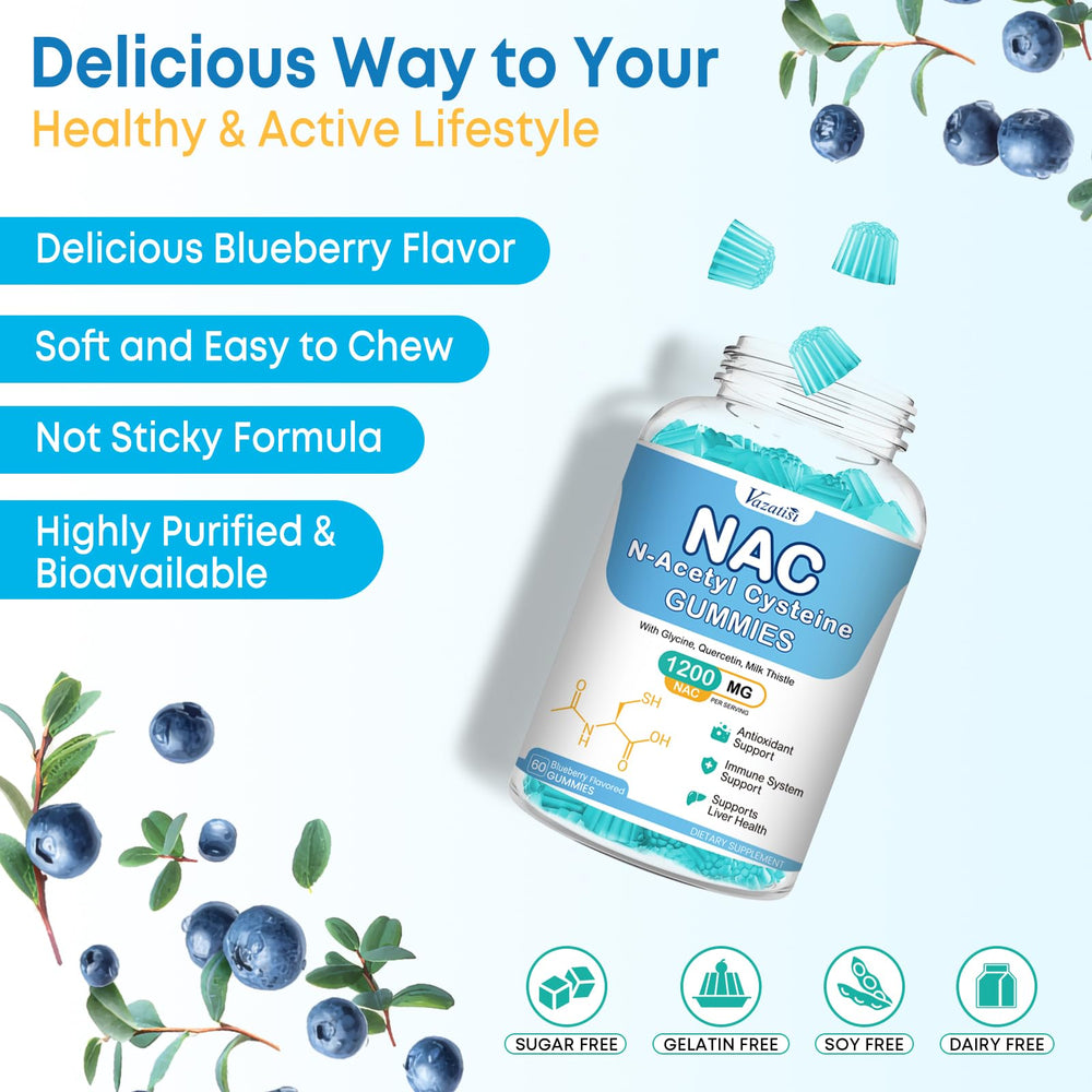 Vazatisi NAC Gummies label highlighting vegan and gluten-free seals.