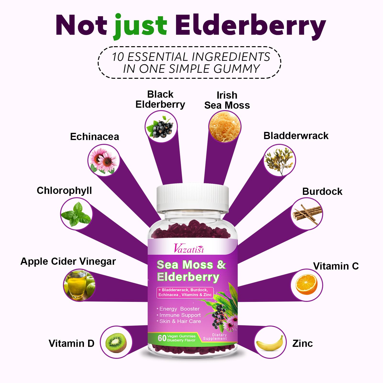 Vazatisi sea moss elderberry gummies ingredients jar highlighting sea moss and vitamins for daily nourishment.
