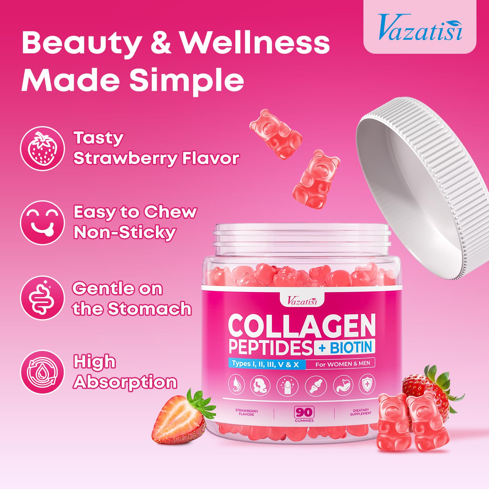 Vazatisi sugar-free gluten-free collagen gummies displayed on a clean surface.