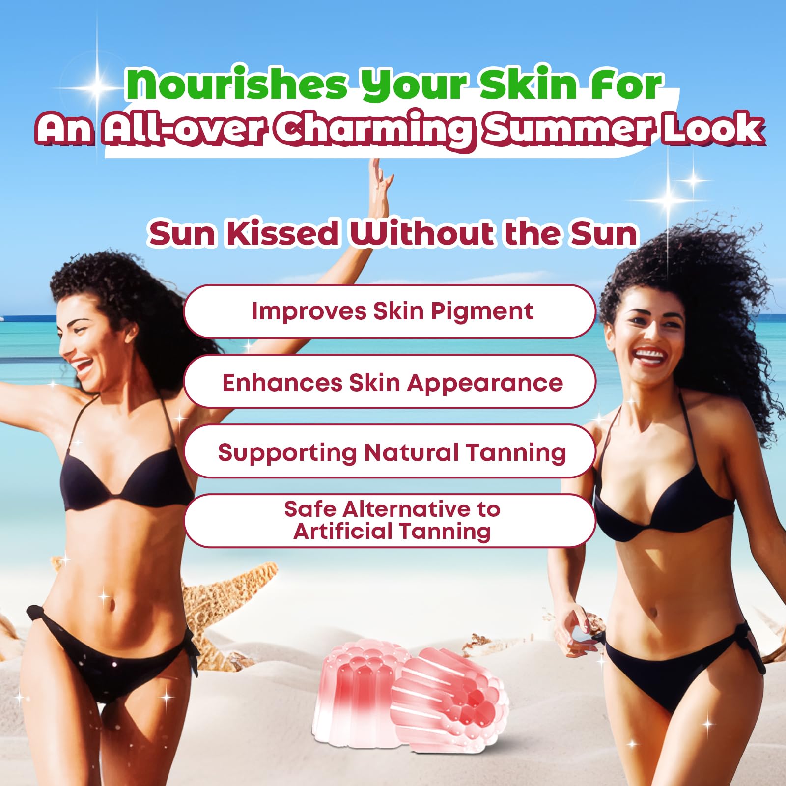 Vazatisi Tanning Gummies flavor label highlights strawberry taste and daily tanning support.
