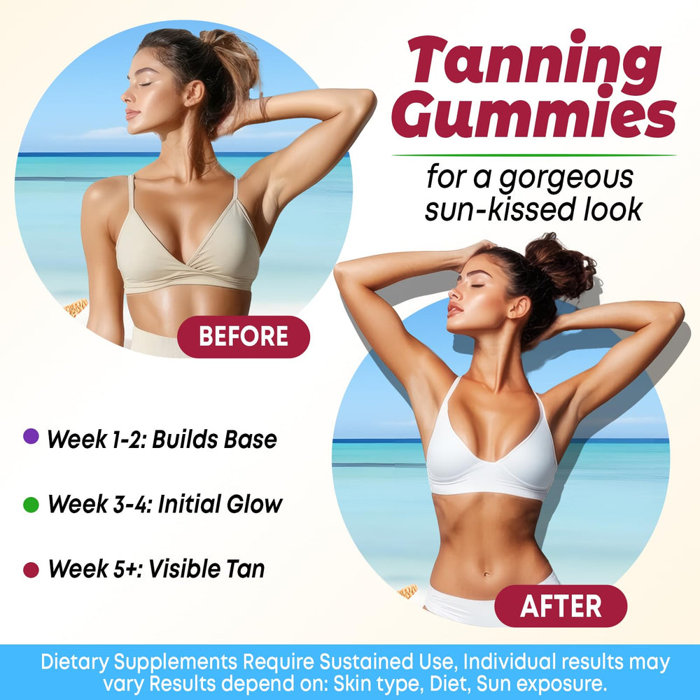 Vazatisi Tanning Gummies ingredients chart lists 12 skin-nourishing nutrients.
