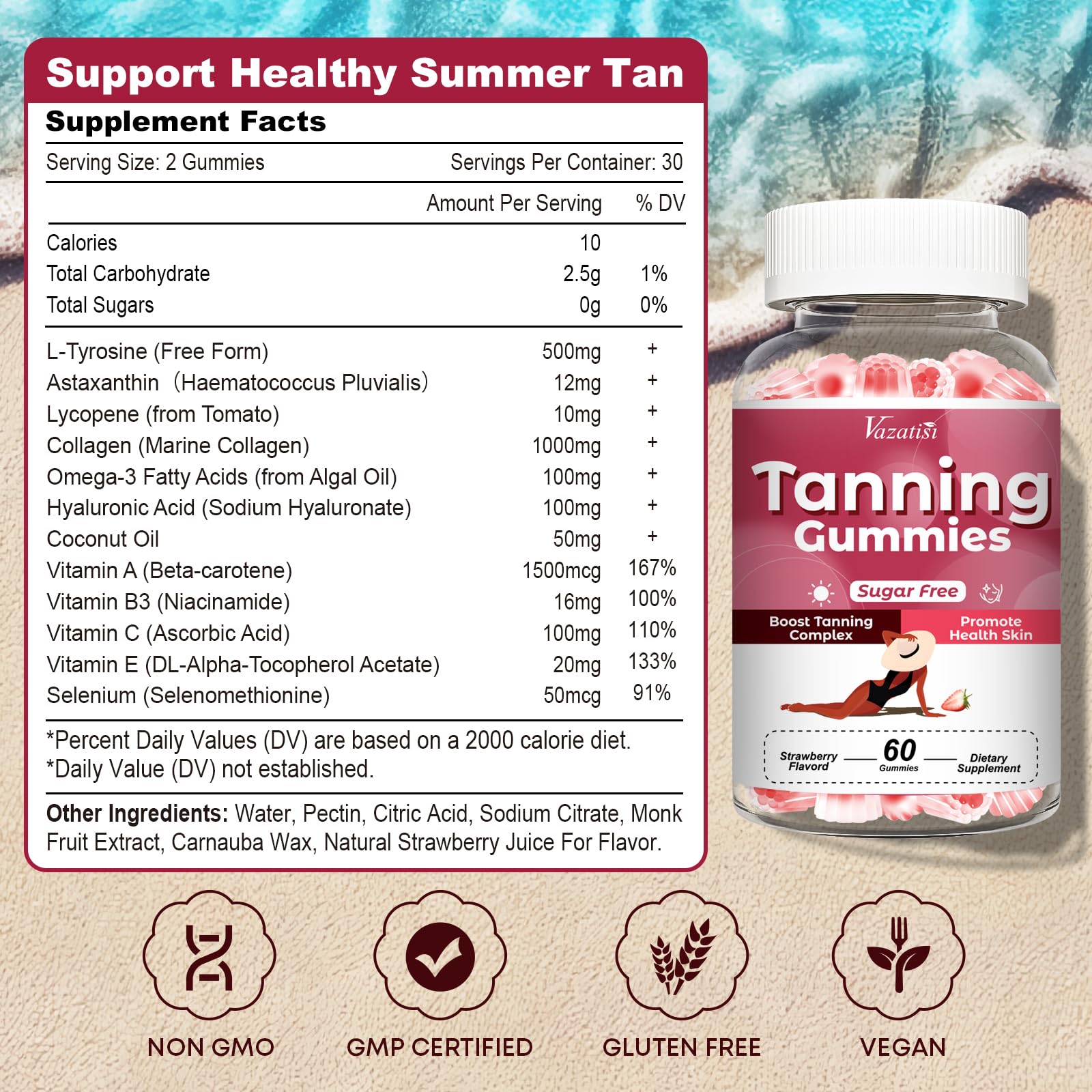 Vazatisi Tanning Gummies nutrition panel confirms vegan, gluten-free ingredients.