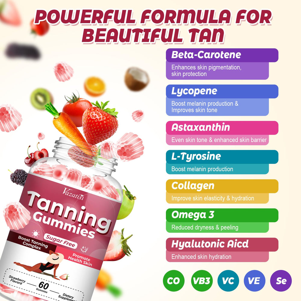 Vazatisi Tanning Gummies close-up reveals chewy texture and strawberry aroma.