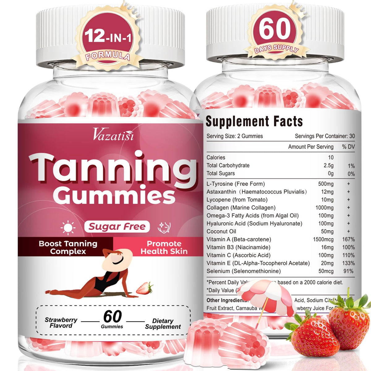 Vazatisi Tanning Gummies package front highlights strawberry flavor and radiant glow potential.