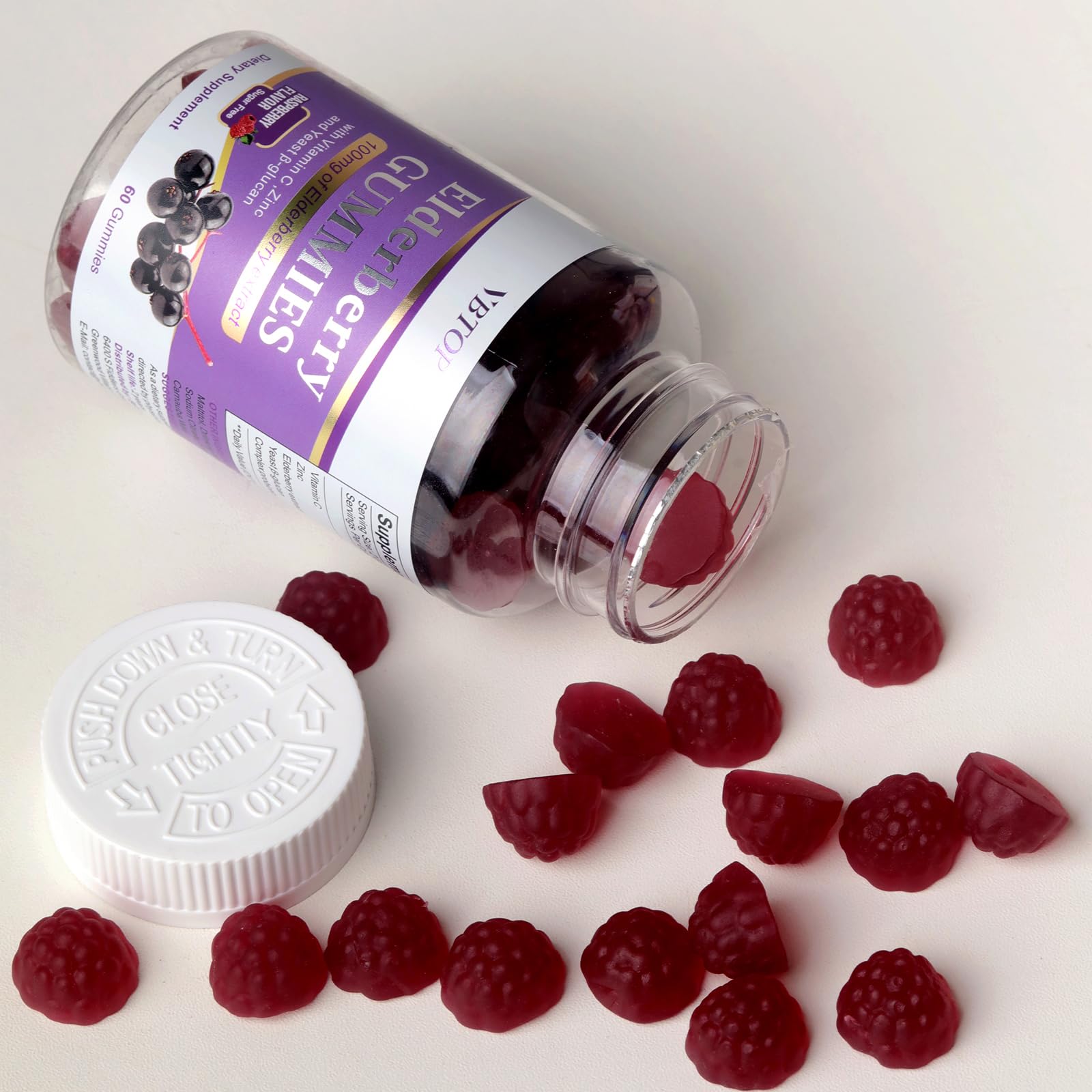 VBTop sugar-free raspberry gummies packaging emphasizes flavor without added sugar.