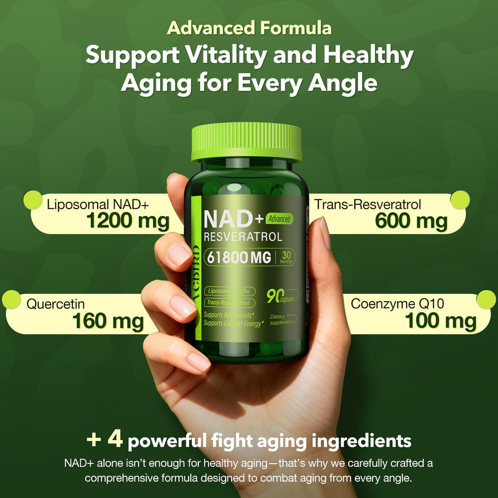 VCBIRD Nad+ Resveratrol bottle front presents premium wellness supplementation.