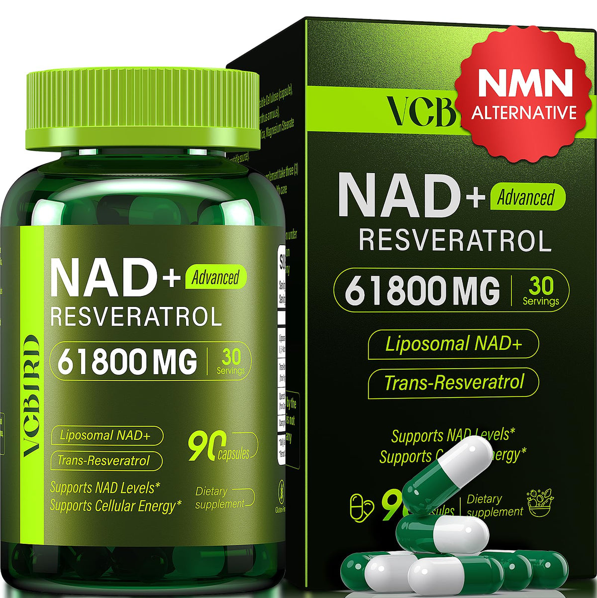 VCBIRD Nad+ Resveratrol bottle front view highlights liposomal delivery for energy