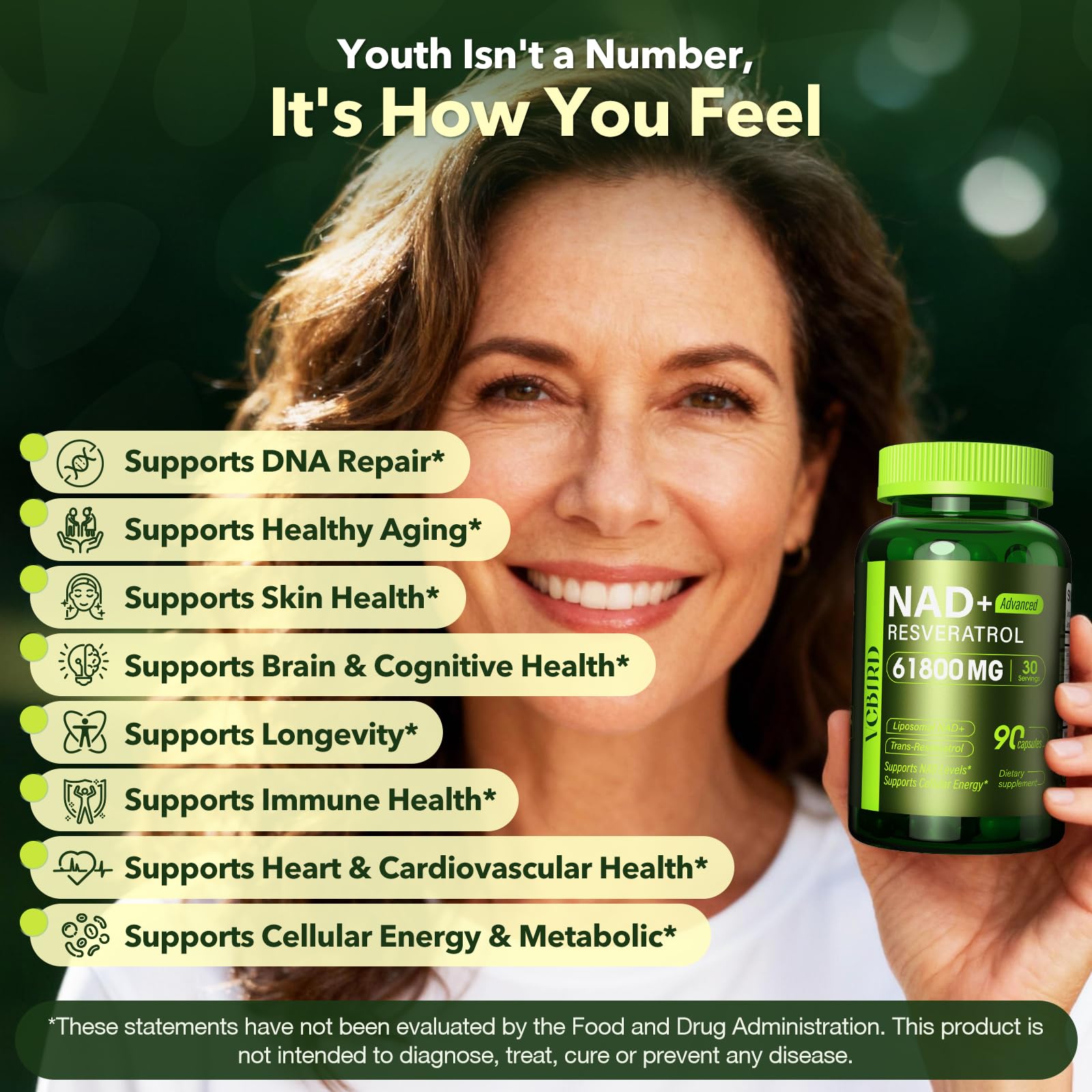 VCBIRD Nad+ Resveratrol immune-support graphic featuring key ingredients
