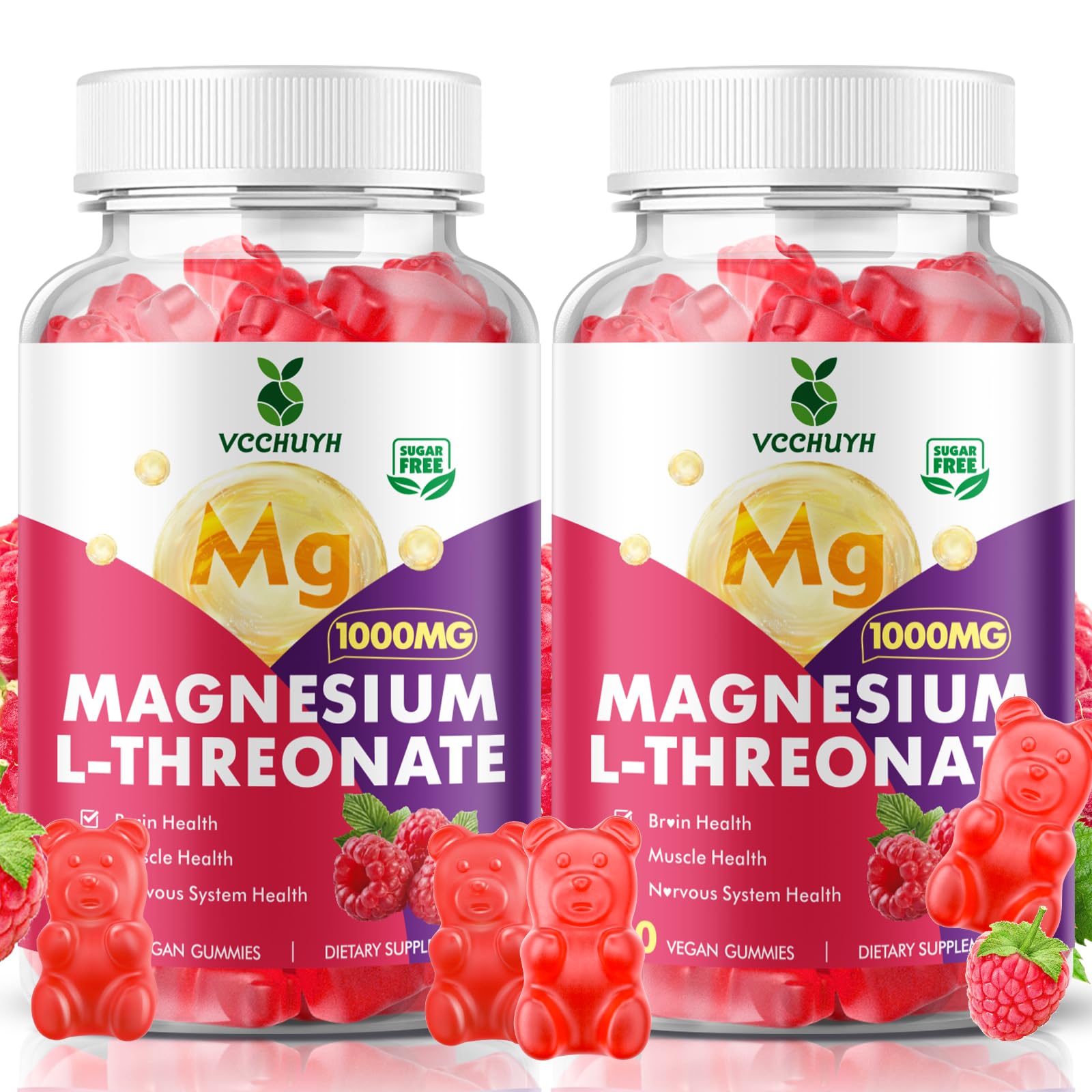 VCCHUYH 2-pack magnesium threonate gummies raspberry bottle for daily wellness.