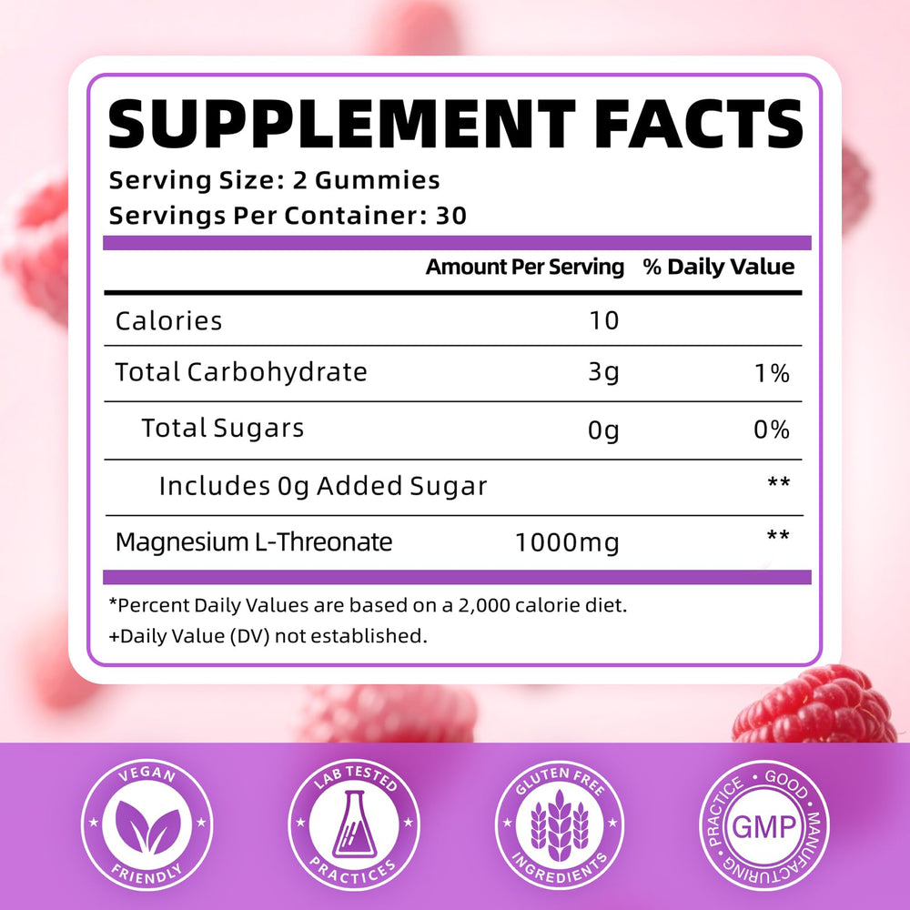 VCCHUYH magnesium threonate gummies ingredients panel gluten-free and vegan.