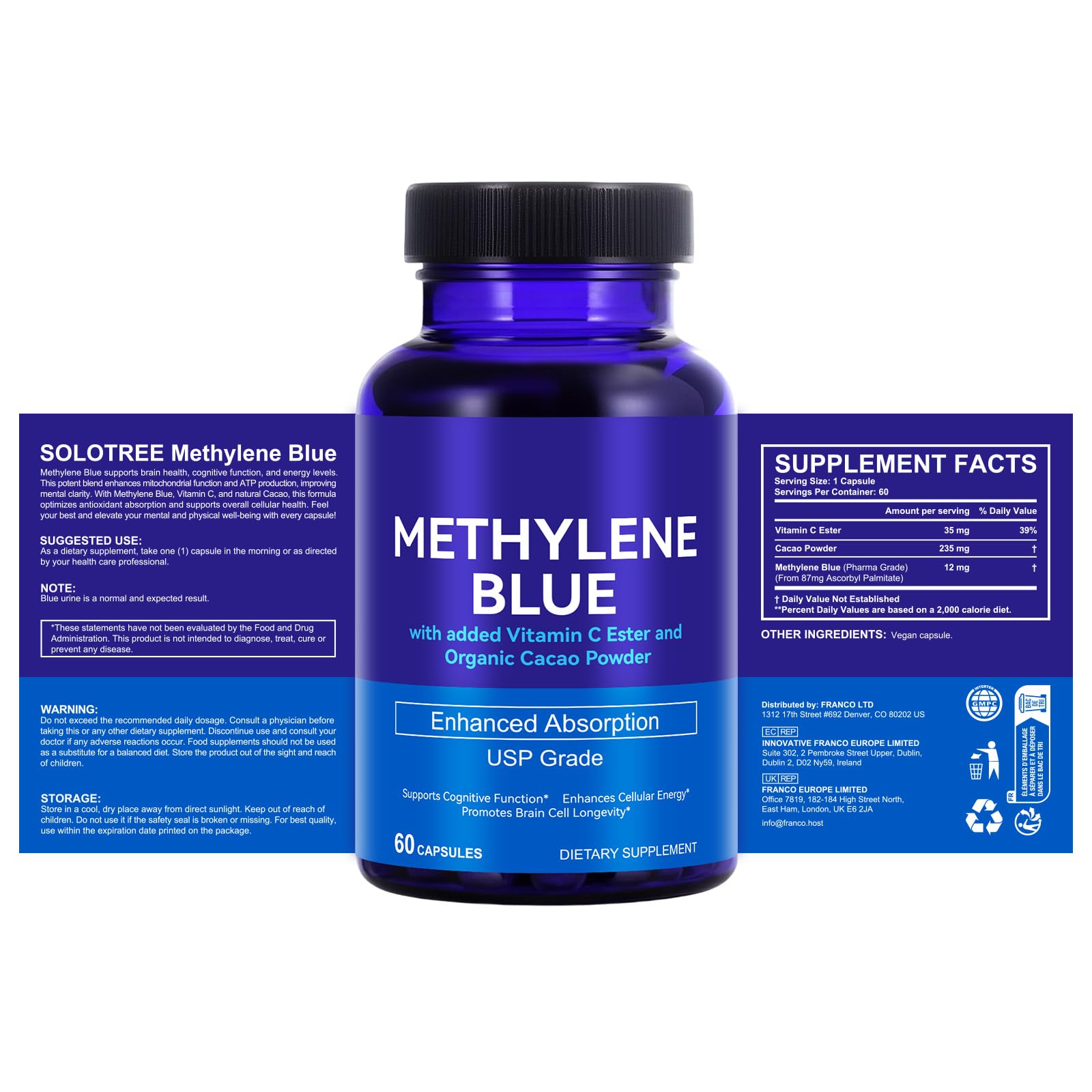 Vceeoy Methylene Blue capsules closeup highlighting the 12 mg dose.