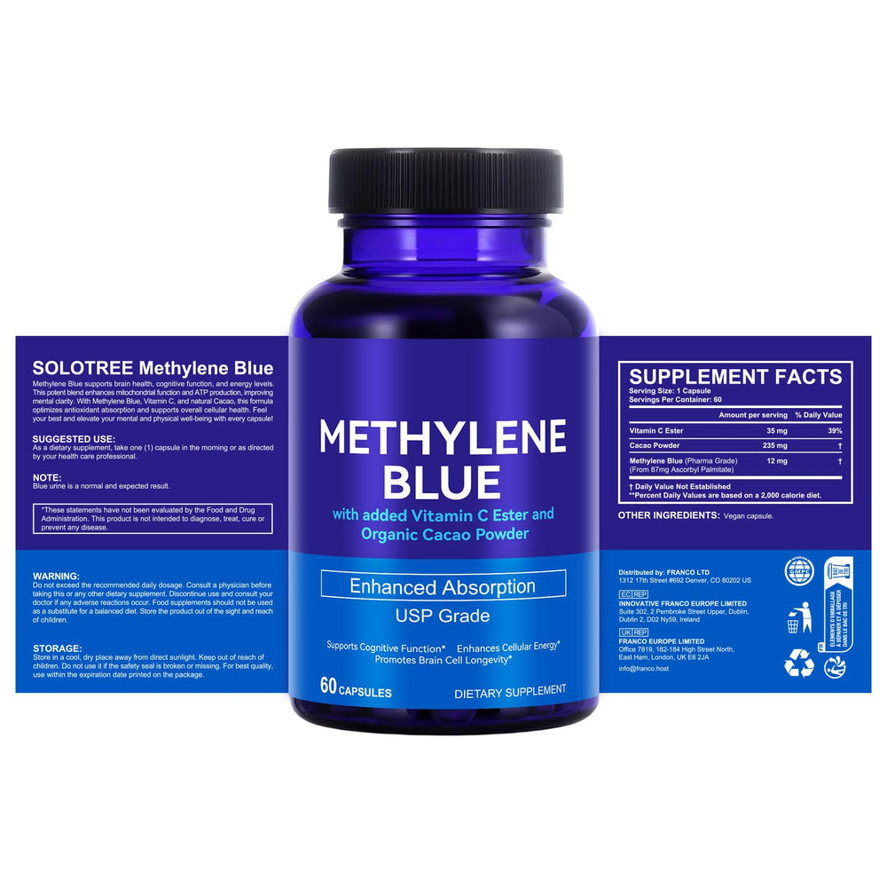 Vceeoy Methylene Blue capsules closeup highlighting the 12 mg dose.