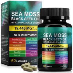 Vceeoy Sea Moss bottle close-up highlighting natural wellness ingredients.