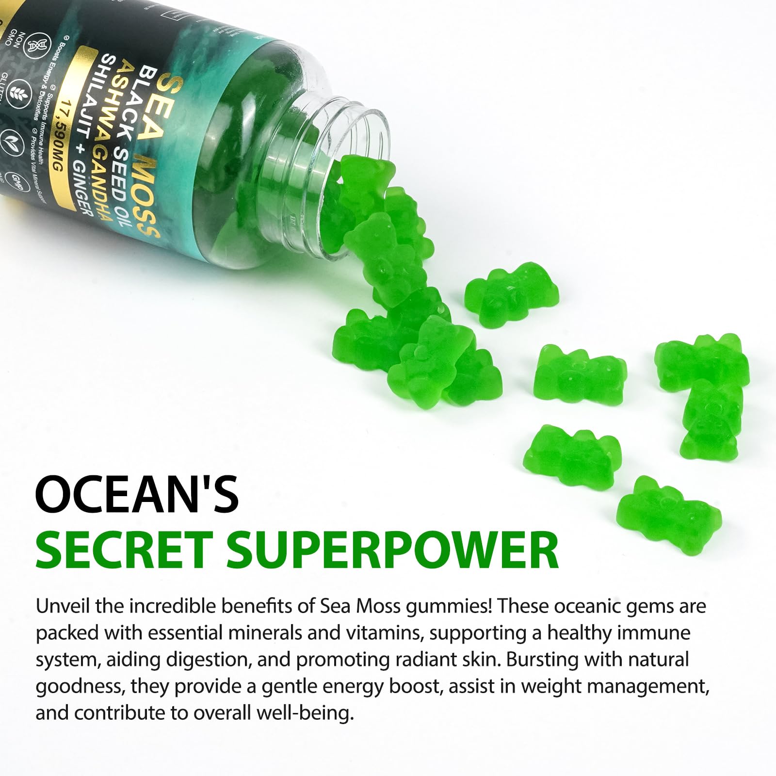 Close-up of sea moss and black seed oil ingredients in Vceeoy gummies.