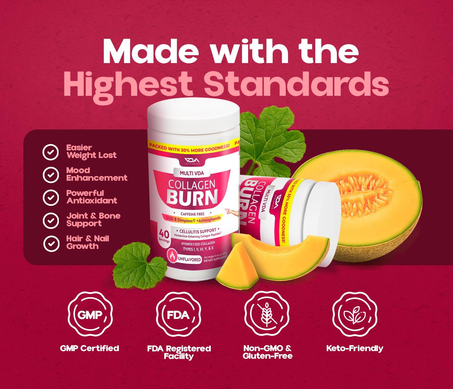 Ingredient icons highlight SOD B Dimpless and Sensoril in VDA Collagen Burn