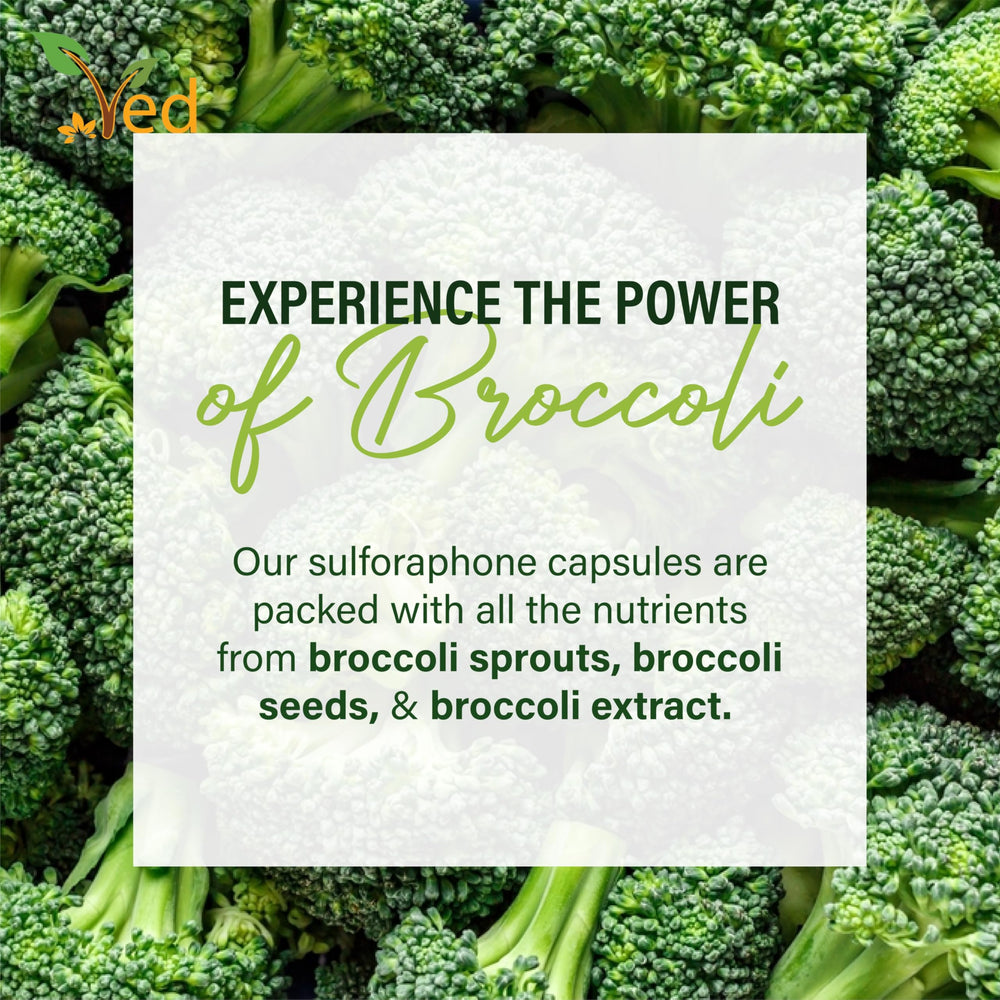 Ved Broccoli Sulforaphane bottle side view illustrating easy daily dosing