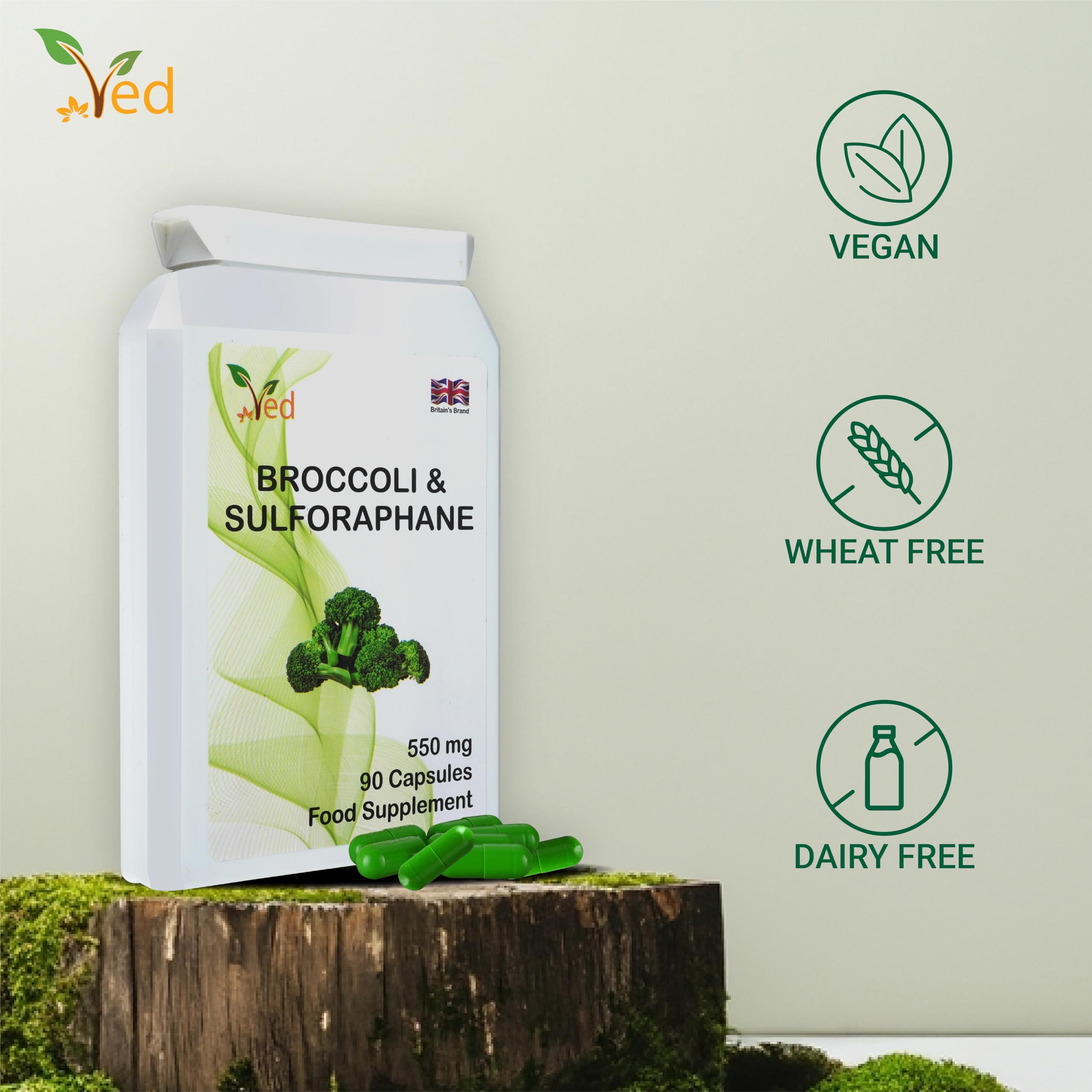 Ved Broccoli Sulforaphane label close-up indicating non-GMO and allergen-free features