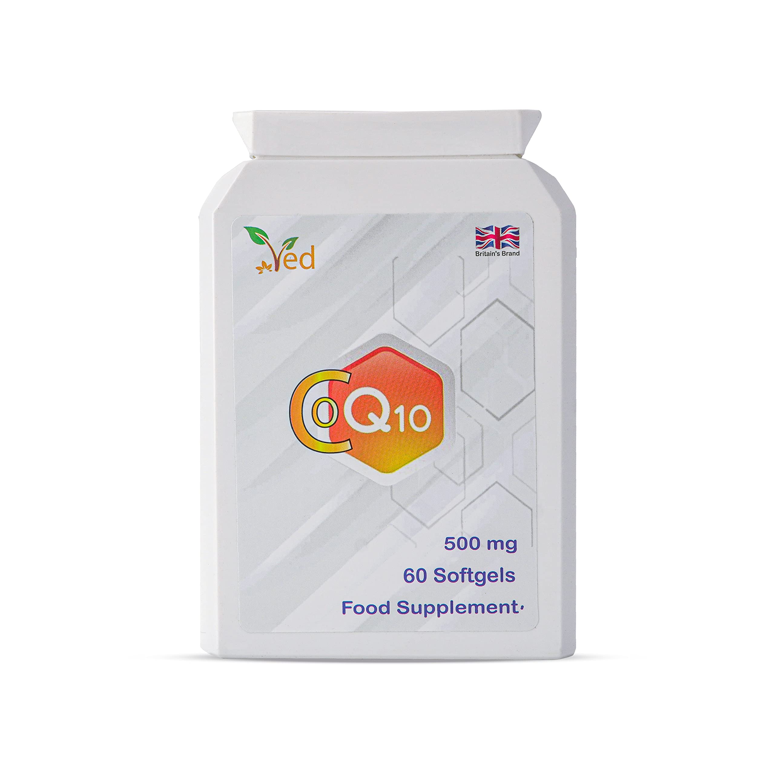 Ved CoQ10 500mg softgels bottle on a clean surface for daily energy support.