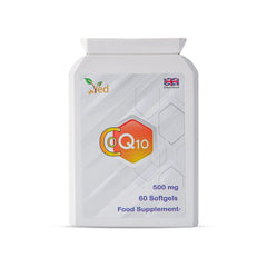Ved CoQ10 500mg softgels bottle on a clean surface for daily energy support.