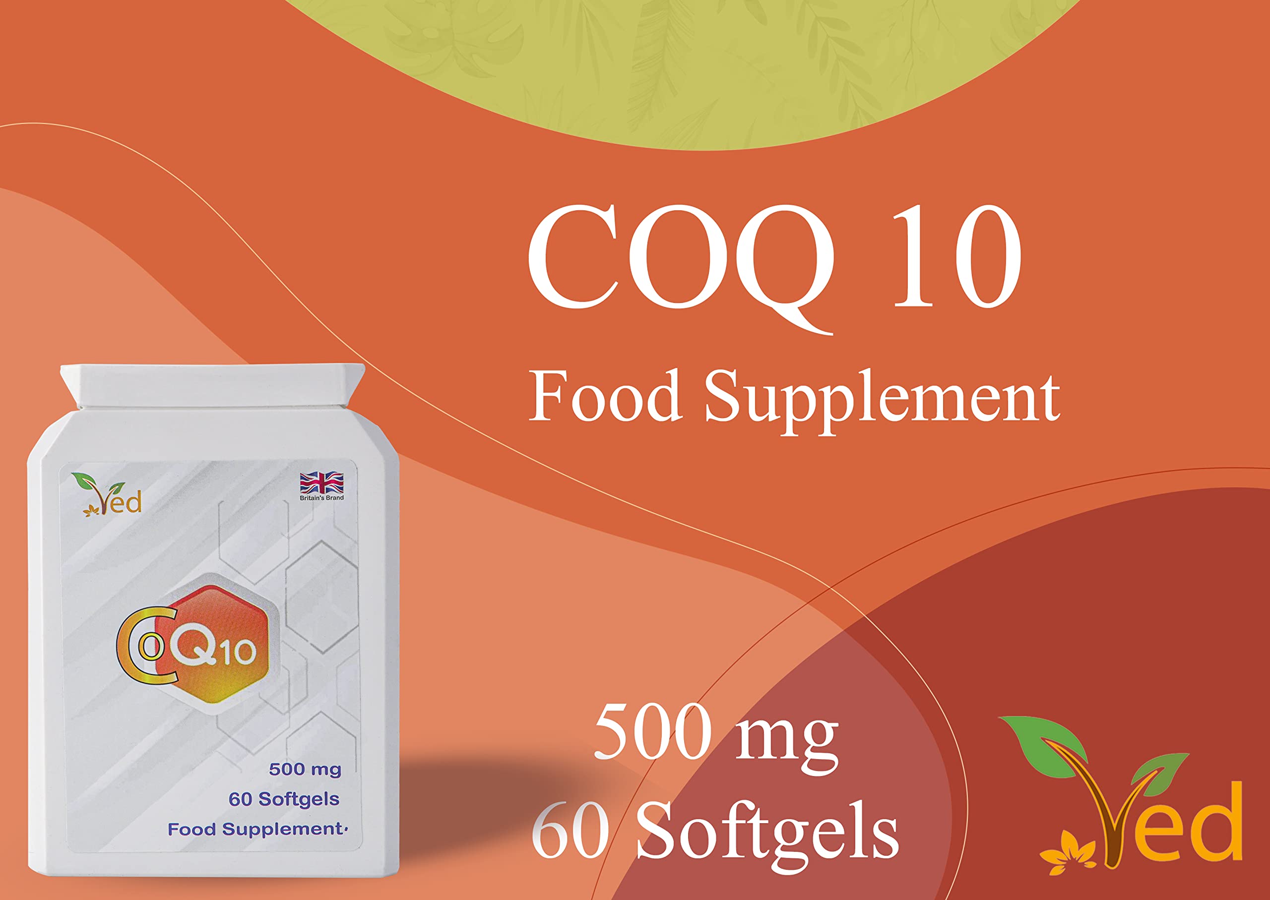 Ved CoQ10 softgels closeup showing high potency 500 mg per capsule.