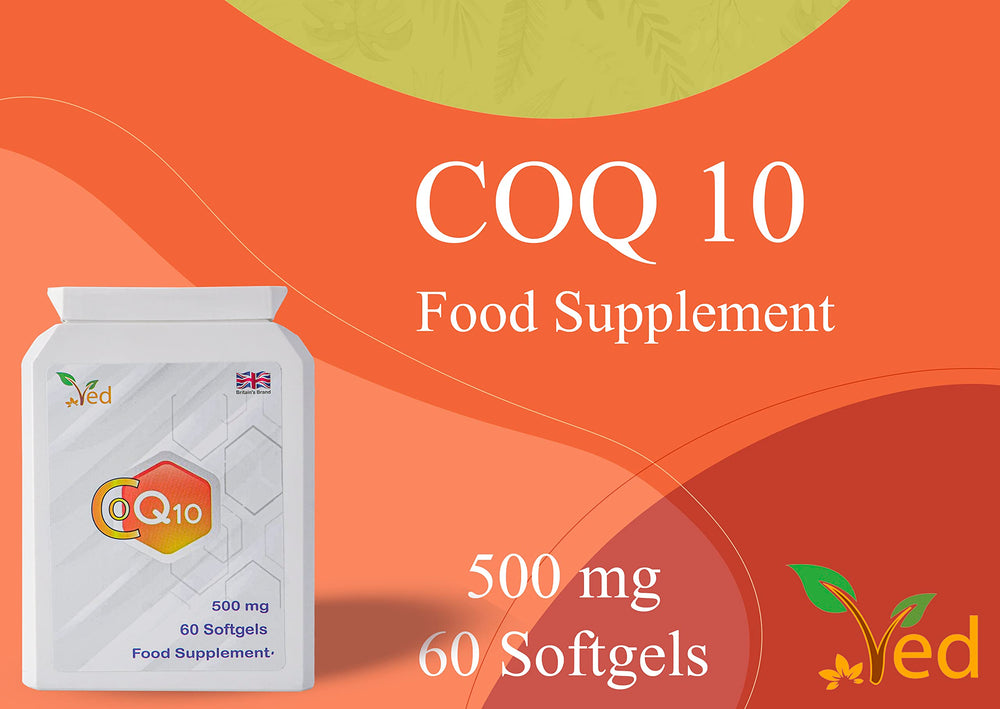 Ved CoQ10 softgels closeup showing high potency 500 mg per capsule.