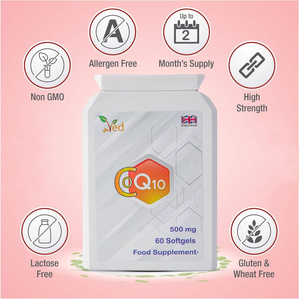 Ved CoQ10 label close-up emphasizing non-GMO and allergen-free formula.
