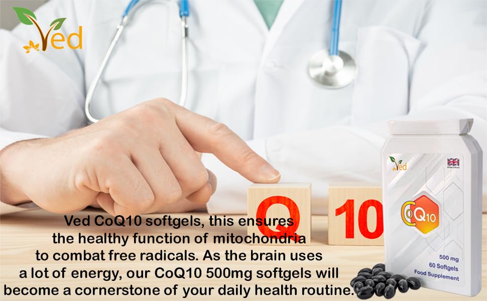 Ved CoQ10 packaging shows two months supply for steady daily routine.