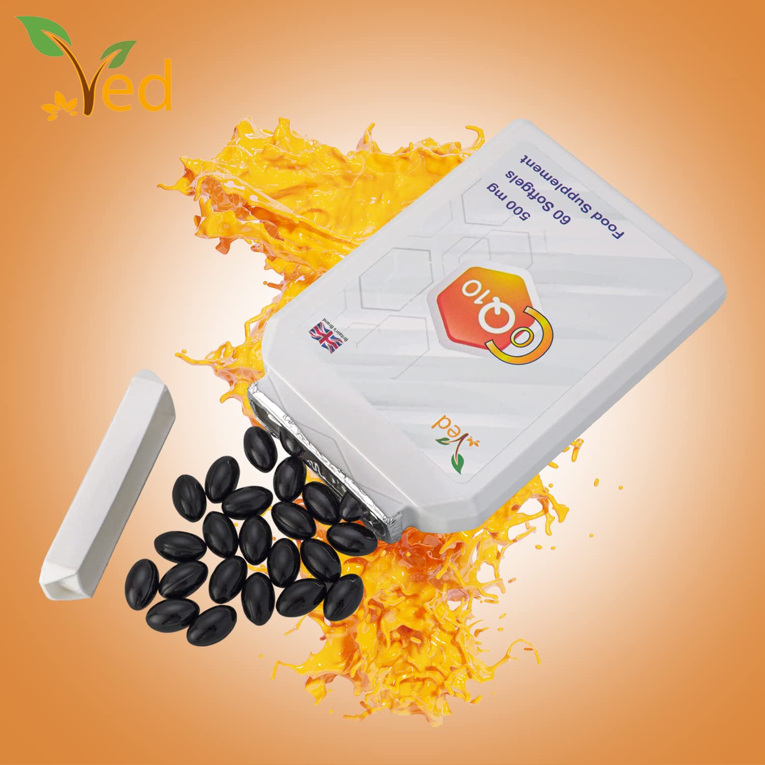 Ved CoQ10 softgel bottle being poured for easy daily use.