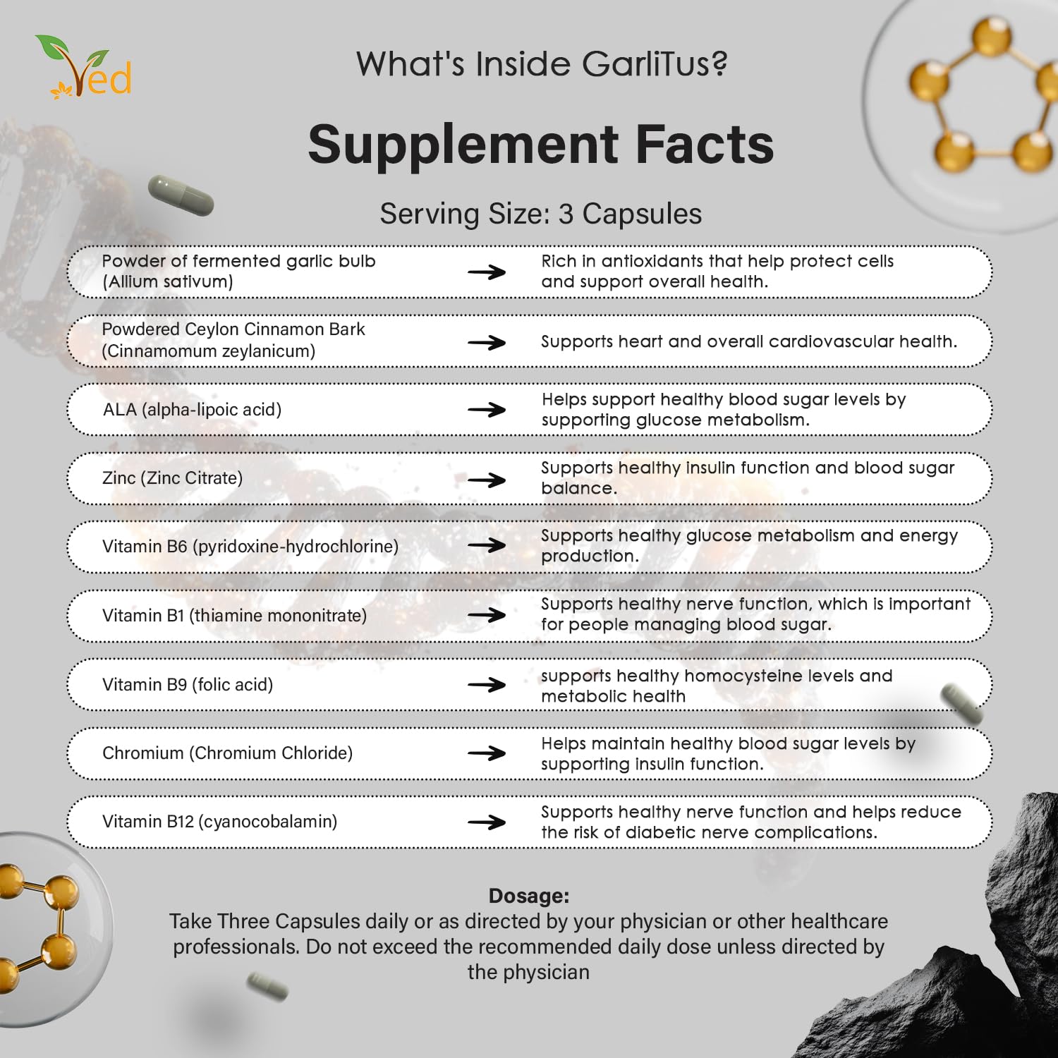 Ved GarliTus non-GMO and halal-certified label on packaging.