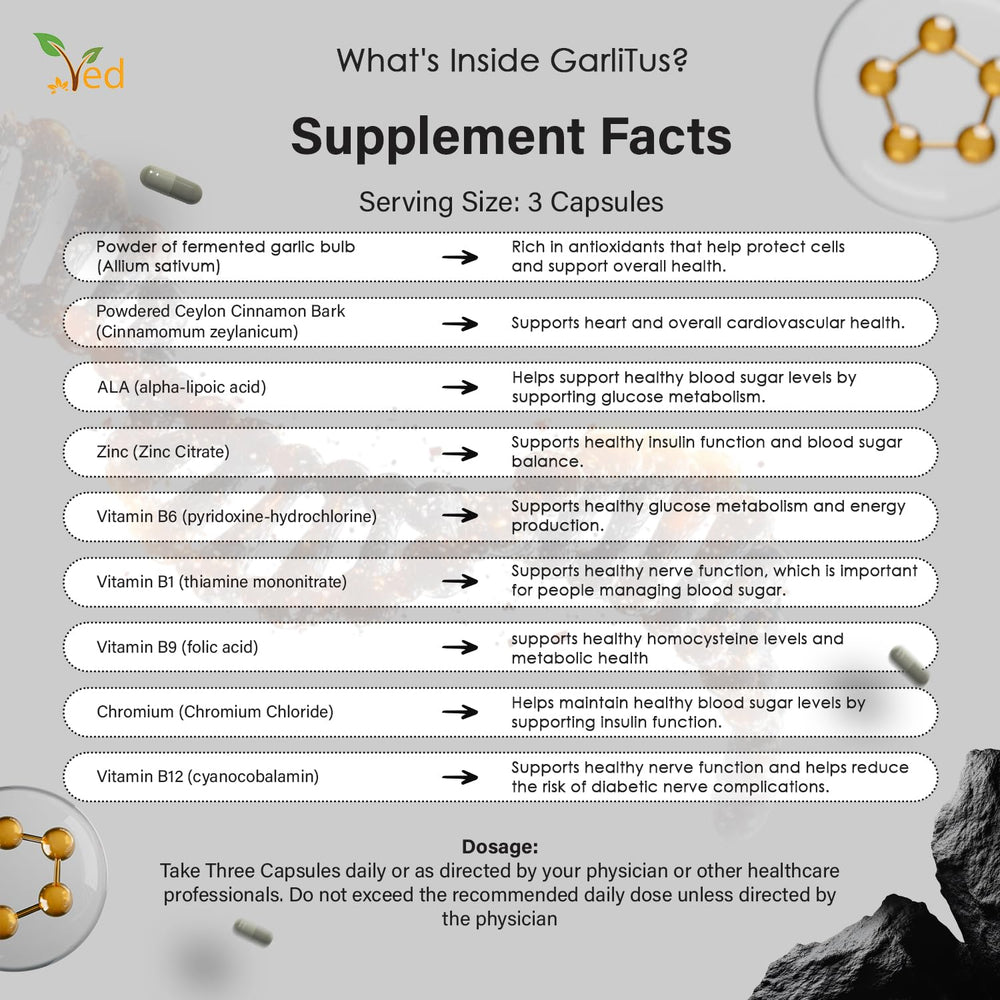 Ved GarliTus non-GMO and halal-certified label on packaging.