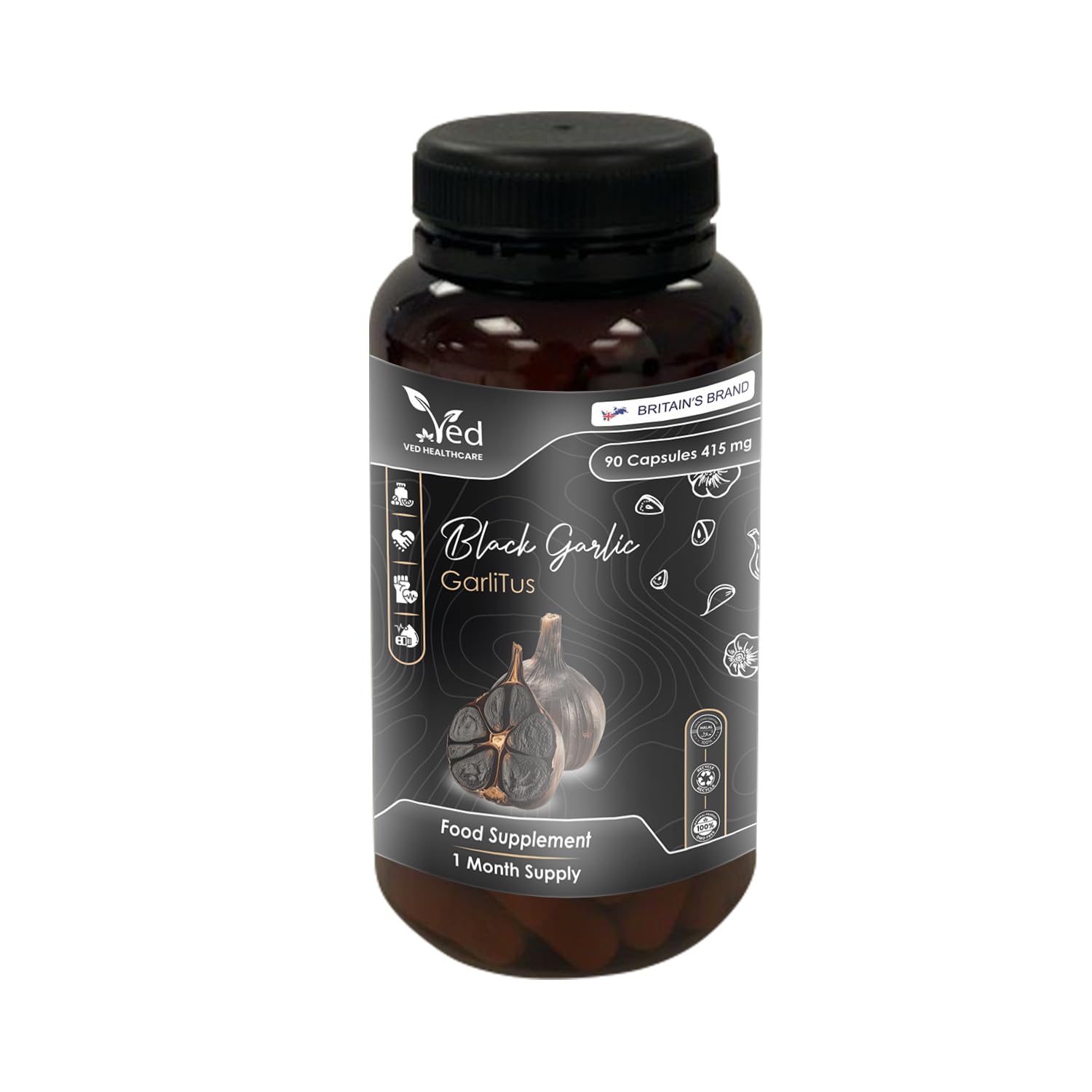 Ved GarliTus odorless fermented garlic capsules shown in bottle for daily use.