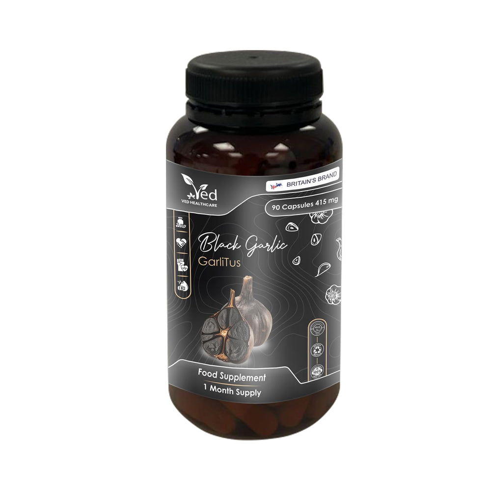 Ved GarliTus odorless fermented garlic capsules shown in bottle for daily use.