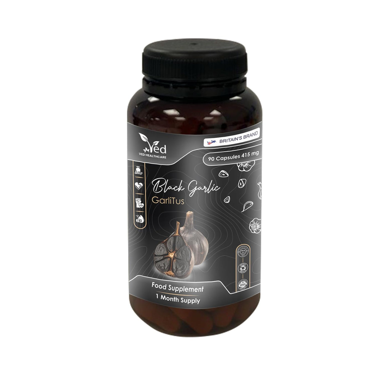 Ved GarliTus odorless fermented garlic capsules shown in bottle for daily use.