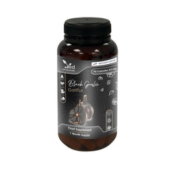 Ved GarliTus odorless fermented garlic capsules shown in bottle for daily use.