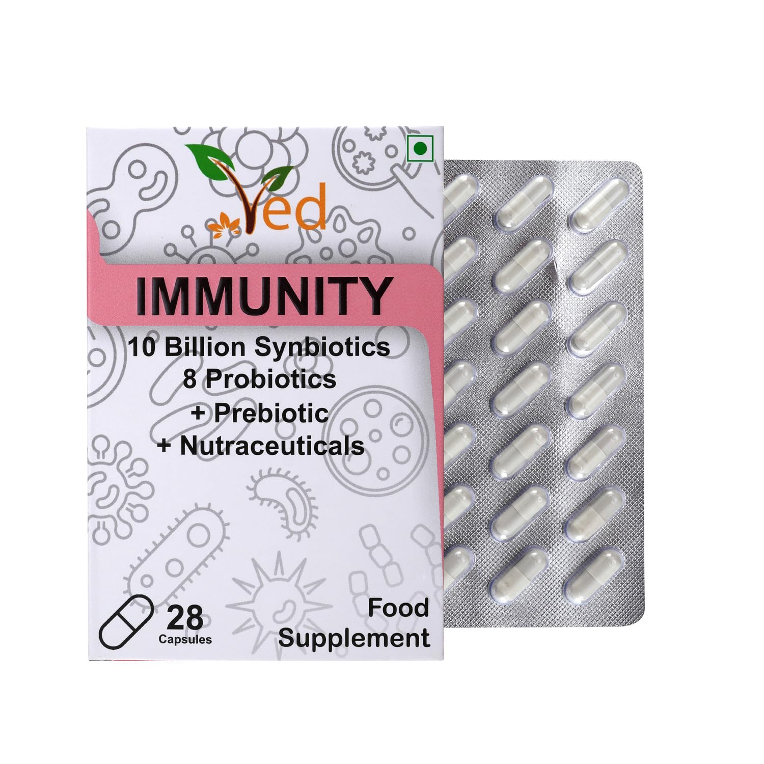Ved Immunity Complex bottle label close-up with eight-strain formulation for broad probiotic coverage.