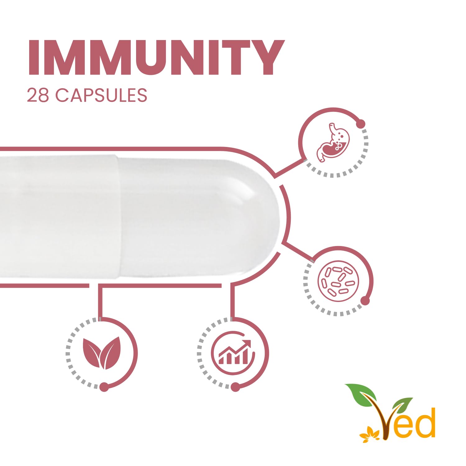 Ved Immunity Complex capsules pour demonstrates convenient prebiotic and probiotic serving.