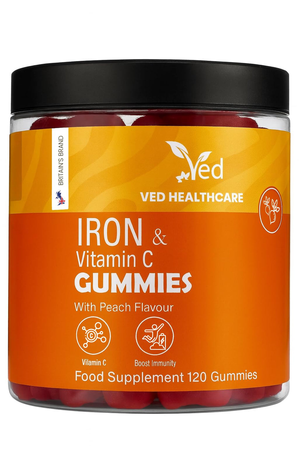 Ved Iron Gummies bottle front highlight peach flavor for daily energy