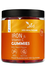 Ved Iron Gummies bottle front highlight peach flavor for daily energy