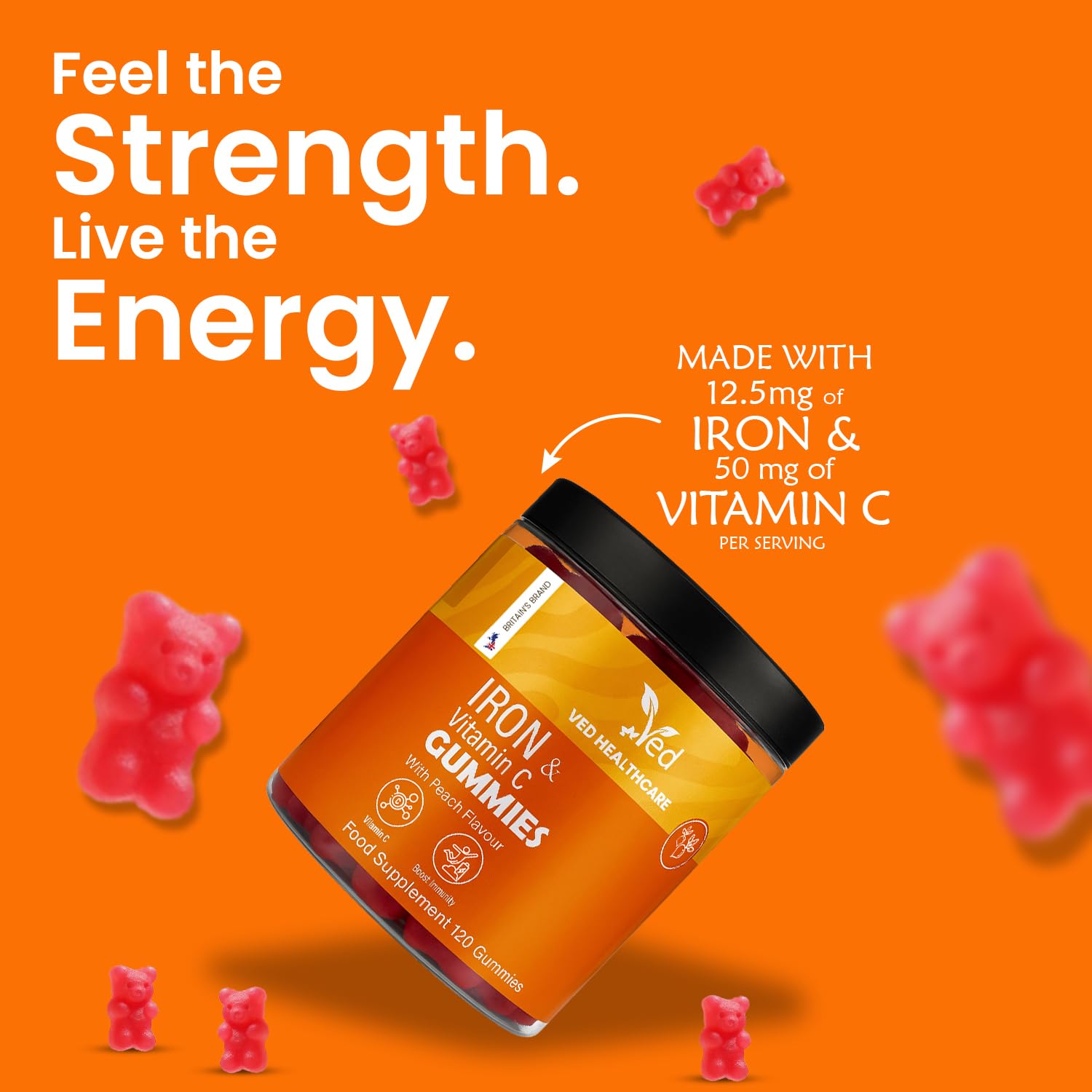 Ved Iron Gummies peach flavor and juicy texture appeal