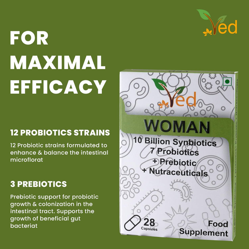 Ved Woman Complex in hand demonstrating portable probiotic supplement.