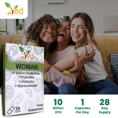 Ved Woman Complex nutrition facts highlighting 10B CFU per capsule.