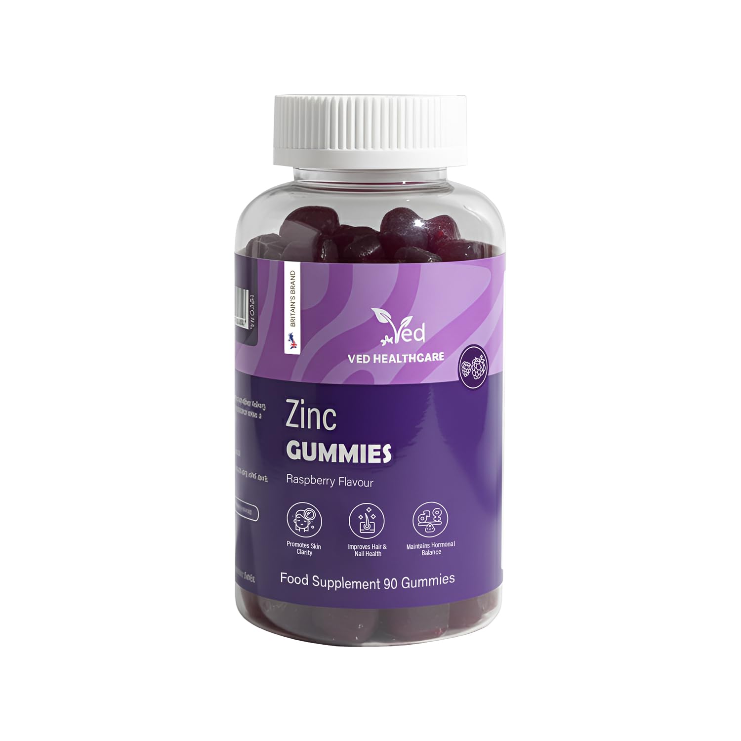 Ved Zinc Gummies bottle with raspberry flavor providing zinc support for immunity and skin health