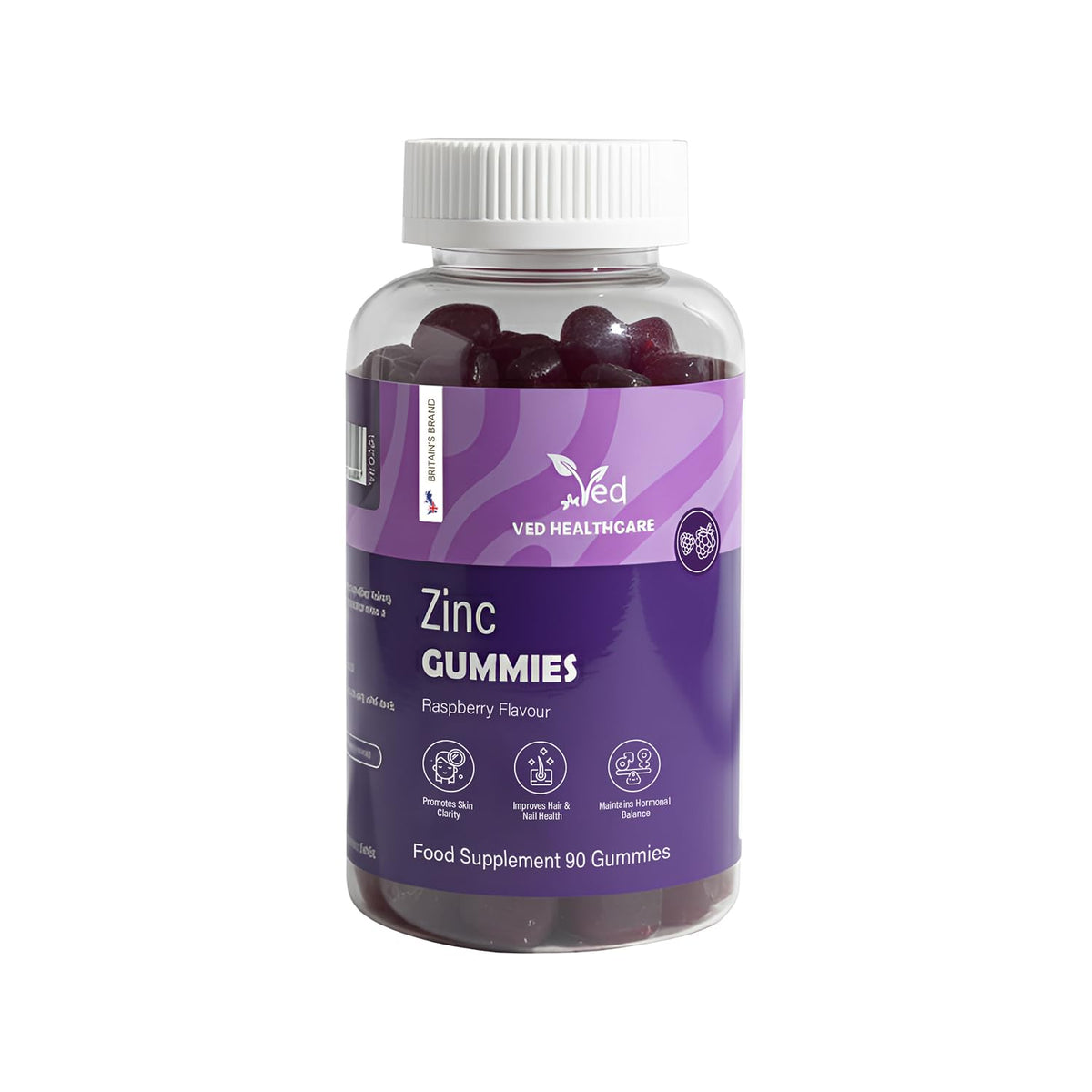 Ved Zinc Gummies bottle with raspberry flavor providing zinc support for immunity and skin health