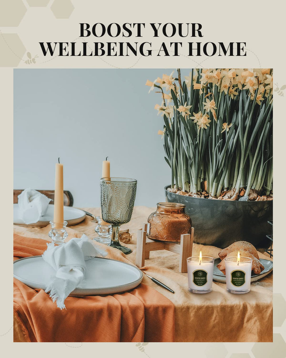 VEDA TINDA SCENT candles create cozy home ambience with soot-free, clean burning.