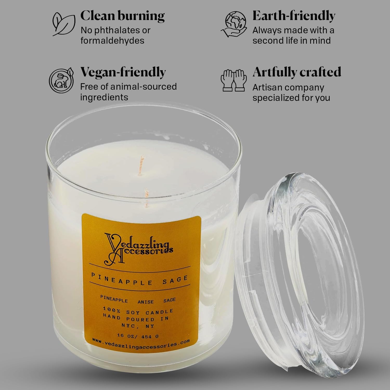 Vedazzling Pineapple Sage candle close-up shows soy wax and dual wick.