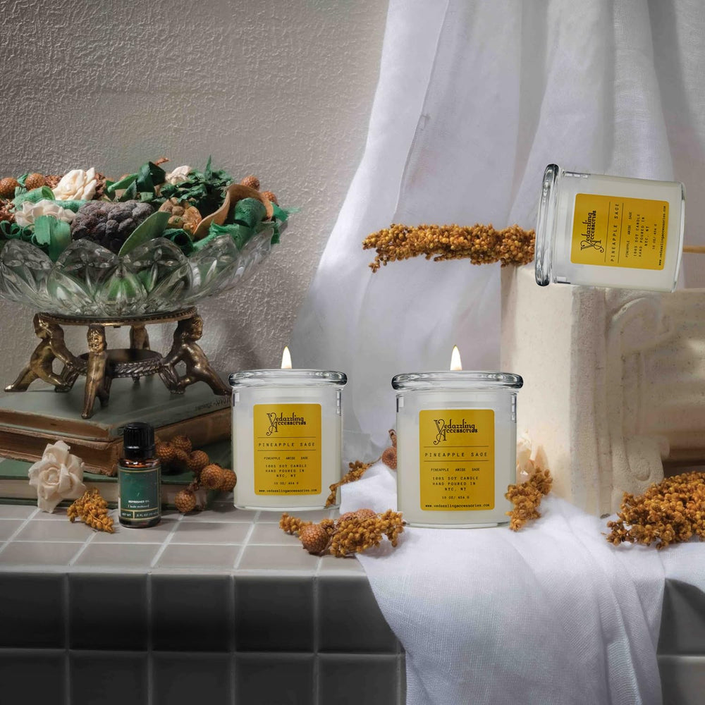 Vedazzling Pineapple Sage candle lid on glossy jar aesthetic.