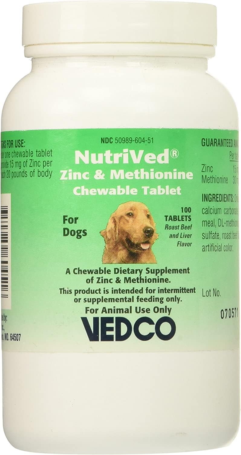 Vedco NutriVed zinc and methionine chewable tablets for dogs support healthy skin and coat.