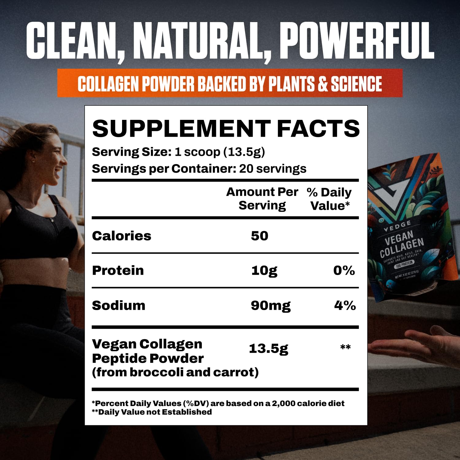 VEDGE collagen powder being poured into coffee shows easy daily integration.