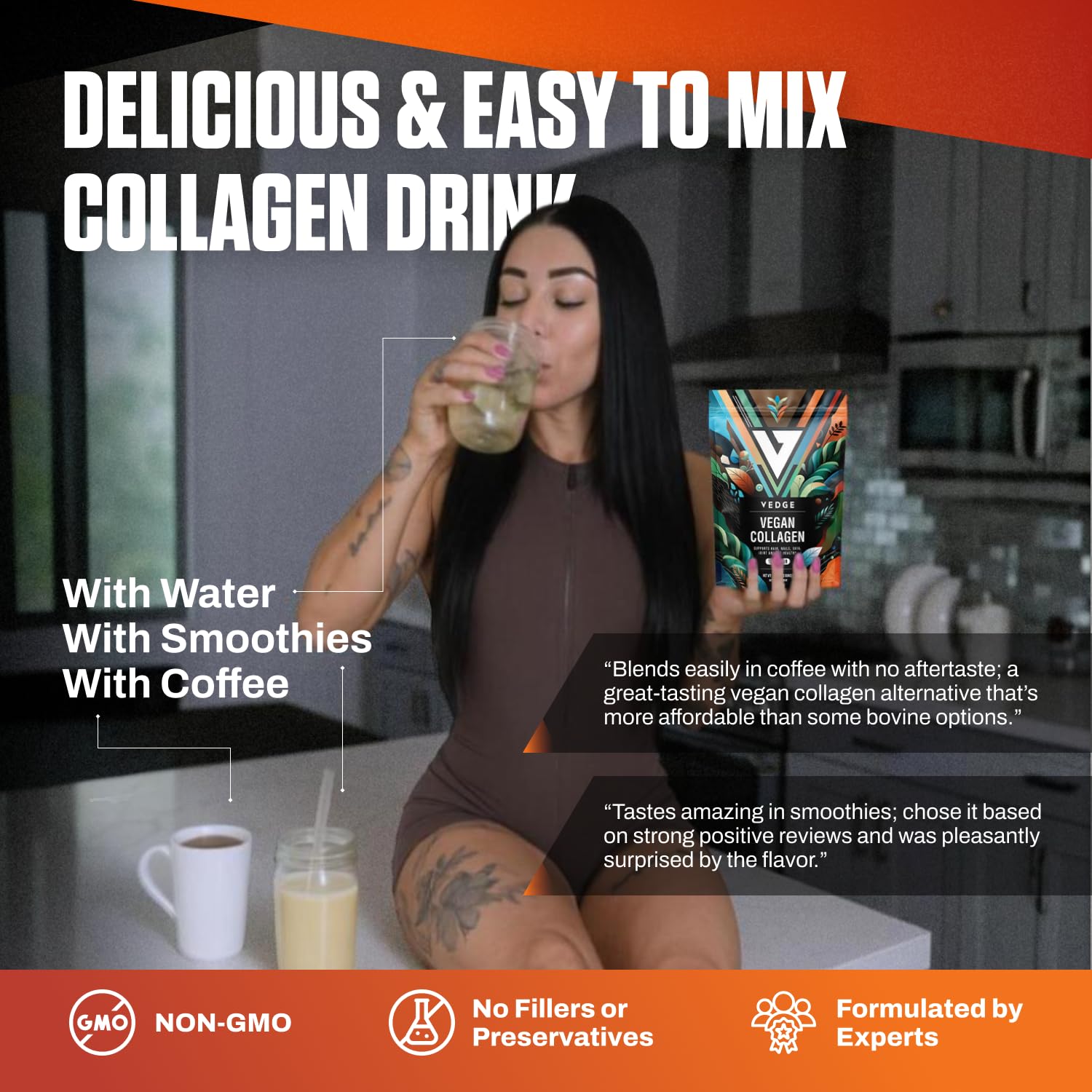 VEDGE collagen powder blended into smoothie highlights convenient plant-based protein.