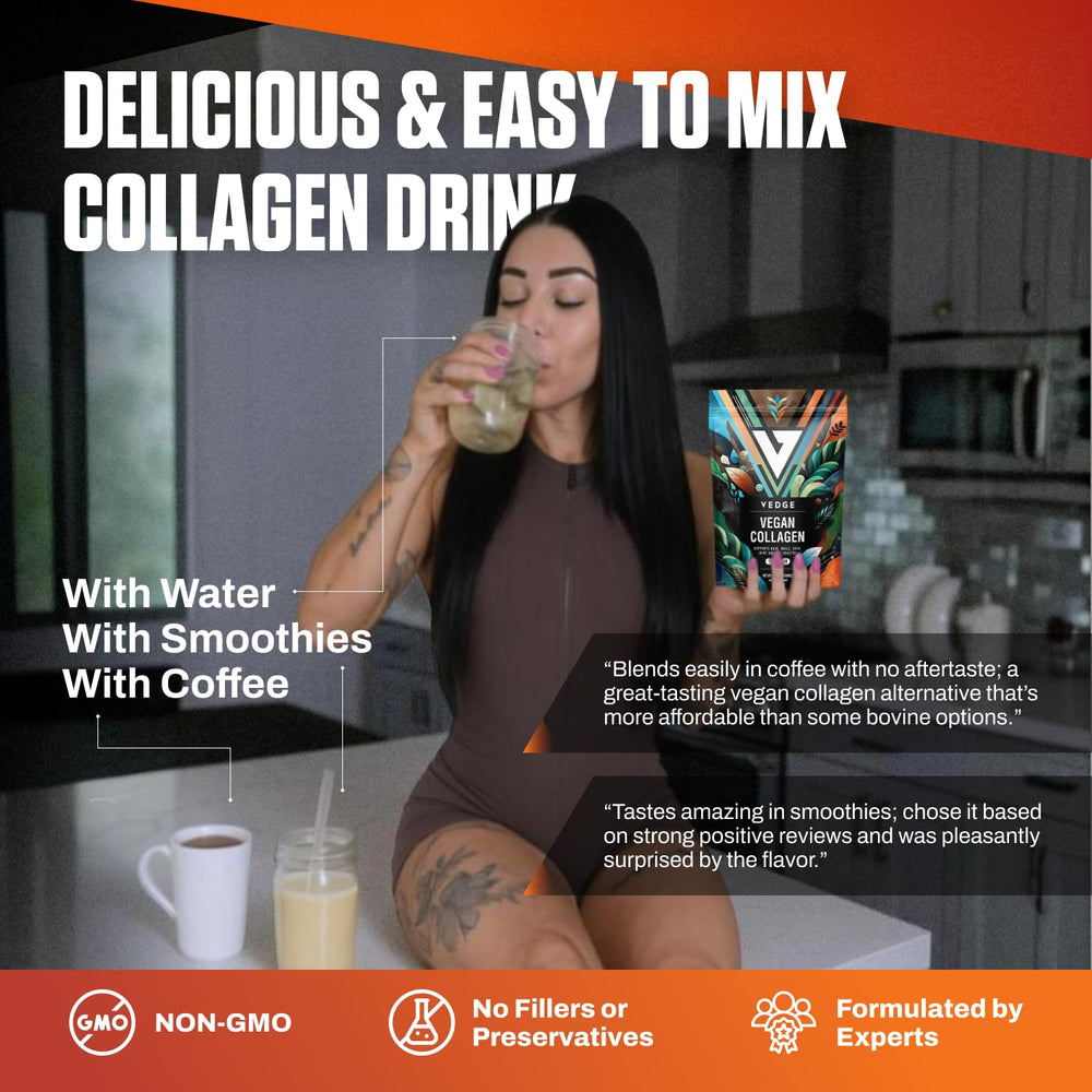 VEDGE collagen powder blended into smoothie highlights convenient plant-based protein.